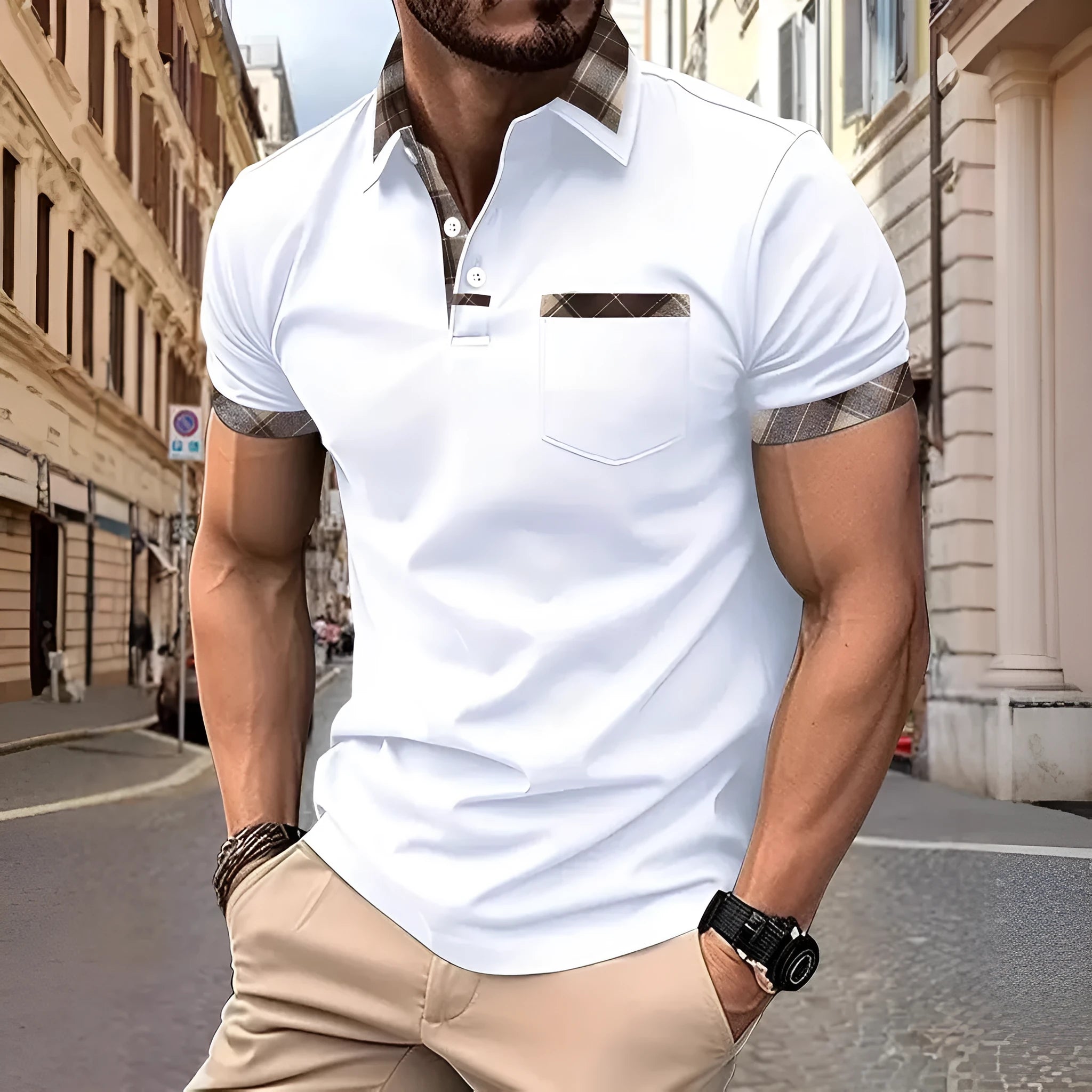 Men's plaid colourblock t-shirt with zipper decorations on short sleeves
