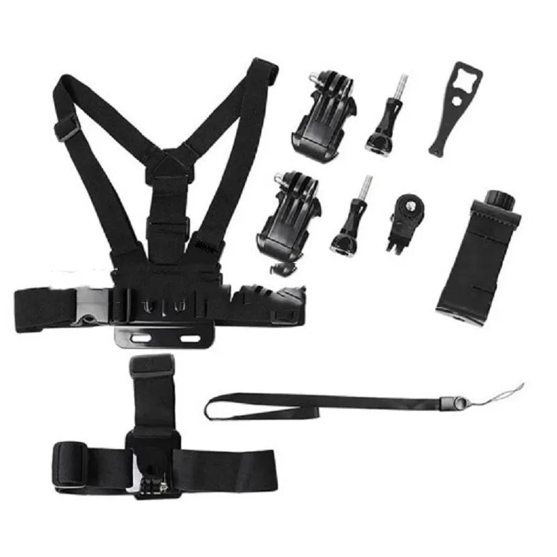 Black 9-in-1 PC chest strap and headband mounting kit for sports cameras and smartphones for hands-free first person recording