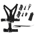 Black 9-in-1 PC chest strap and headband mounting kit for sports cameras and smartphones for hands-free first person recording