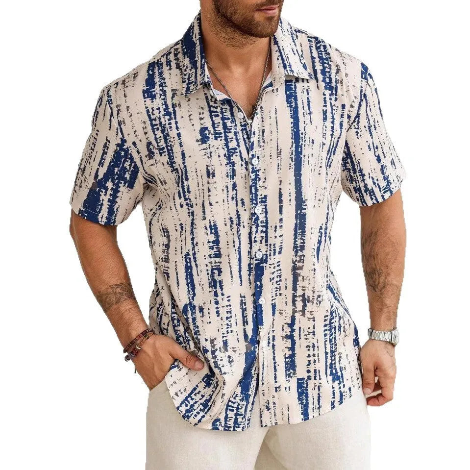 Men's striped short sleeve summer shirt with 3D printed pattern in lightweight polyester