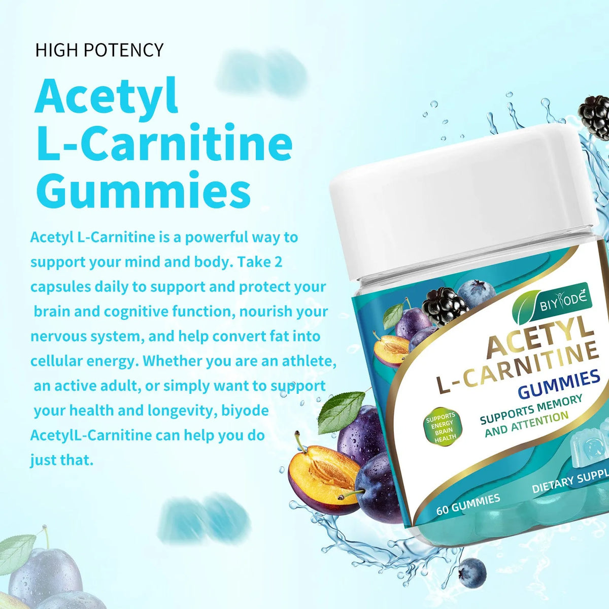 Bottle of acetyl L-carnitine gummies, mixed fruit flavour, 60 gummies per bottle, brain wellness supplement