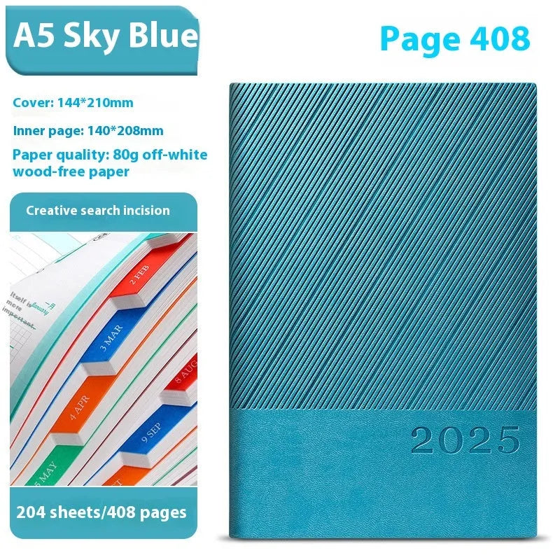 A4 notepad with striped PU leather cover open on 80g paper, showing 408 pages.