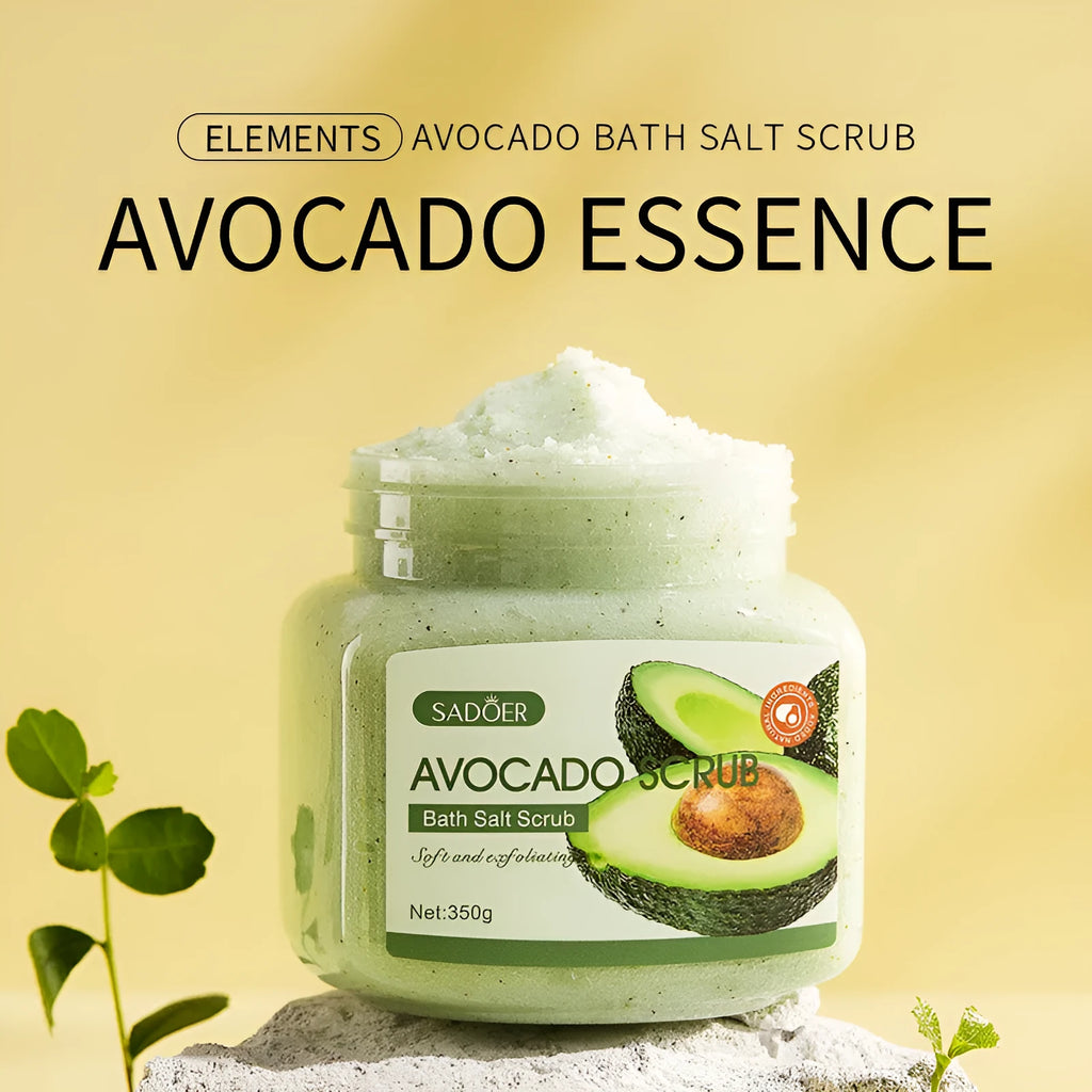 Fruit bath salt scrub cream in 350g tub with four scent options: shea butter, mango, blueberry, and avocado