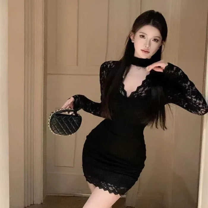 Women's black halter lace dress with A-line skirt and floral pattern, high waist design