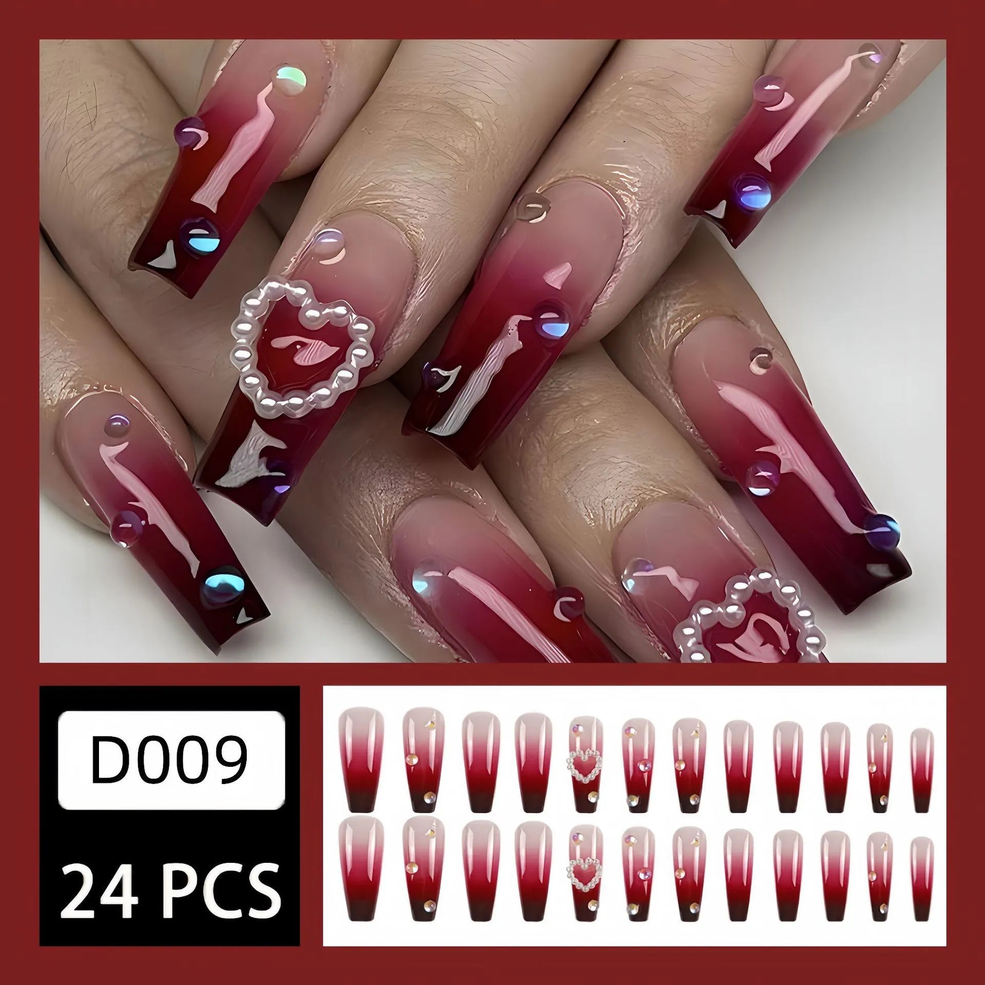 Wine red plaid false nail tips with pearl heart gradient, includes jelly glue and rubbing clause