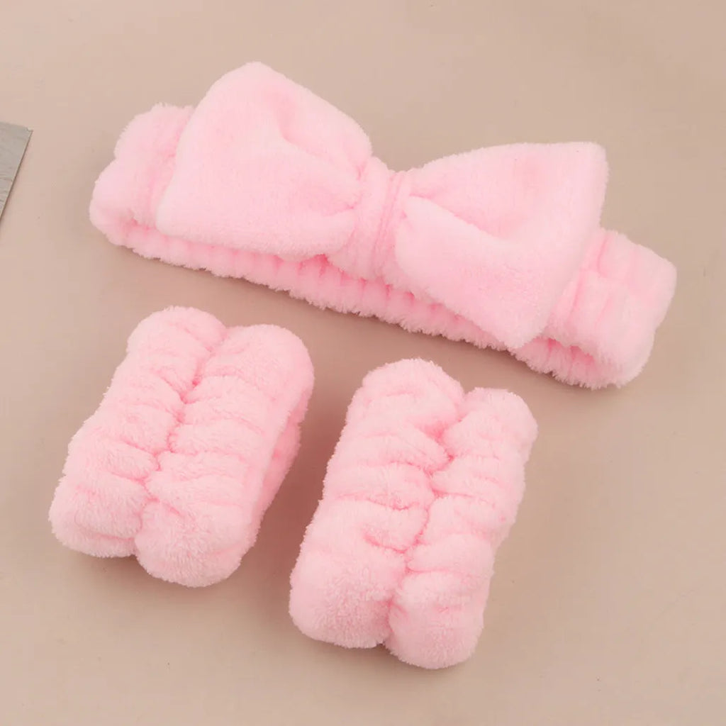 Facial brush set with nylon bristles, plastic handles, and absorbent hair band in multiple colour options