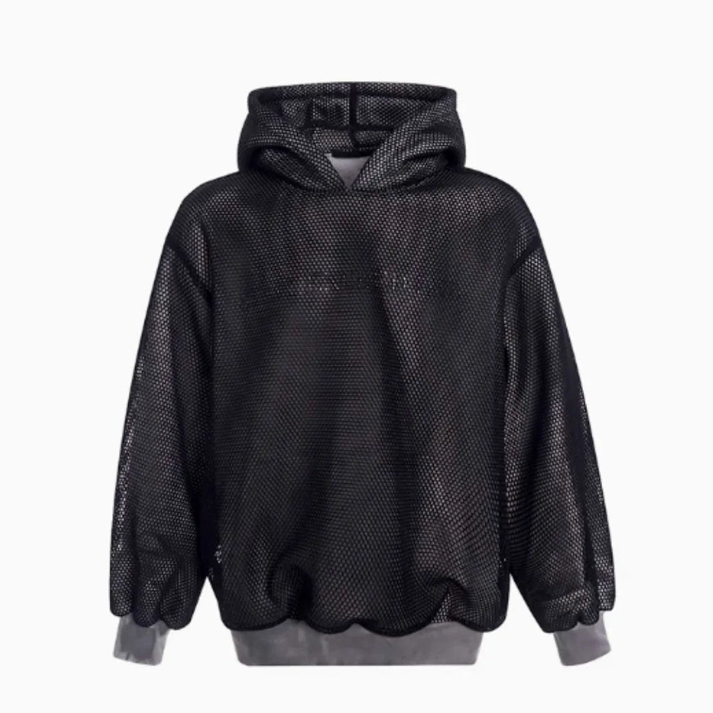 Men's black ash hollow out knitmesh hooded fleece lined sweater loose fit side view