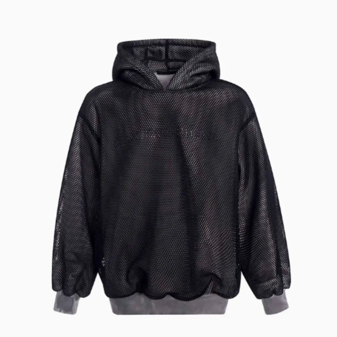 Men's black ash hollow out knitmesh hooded fleece lined sweater loose fit side view