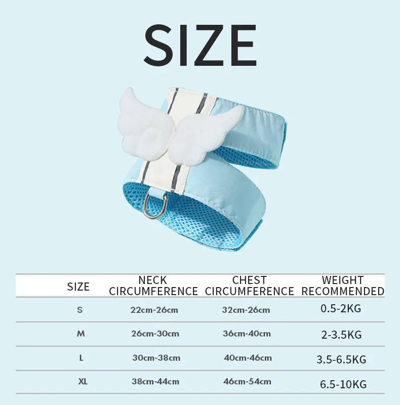 Adjustable cat harness and leash set with angel wings design, breathable air mesh, blue or green, sizes S to XL