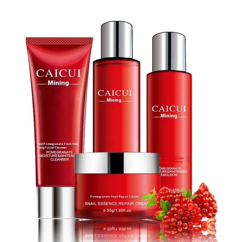 Pomegranate skin care set with four products in red packaging for moisturising and oil control