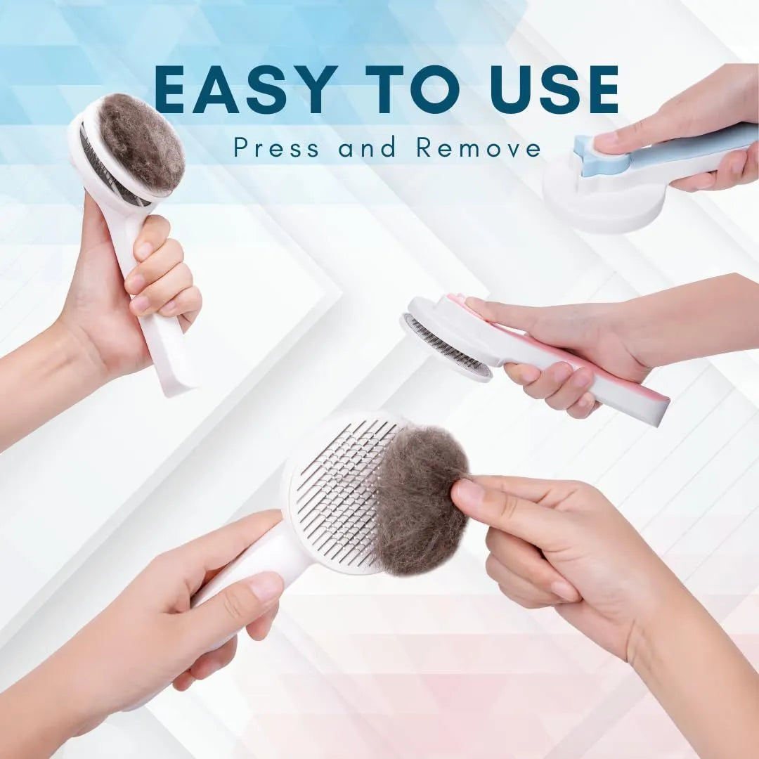 Blue self-cleaning slicker brush for pet grooming with ergonomic rubber handle