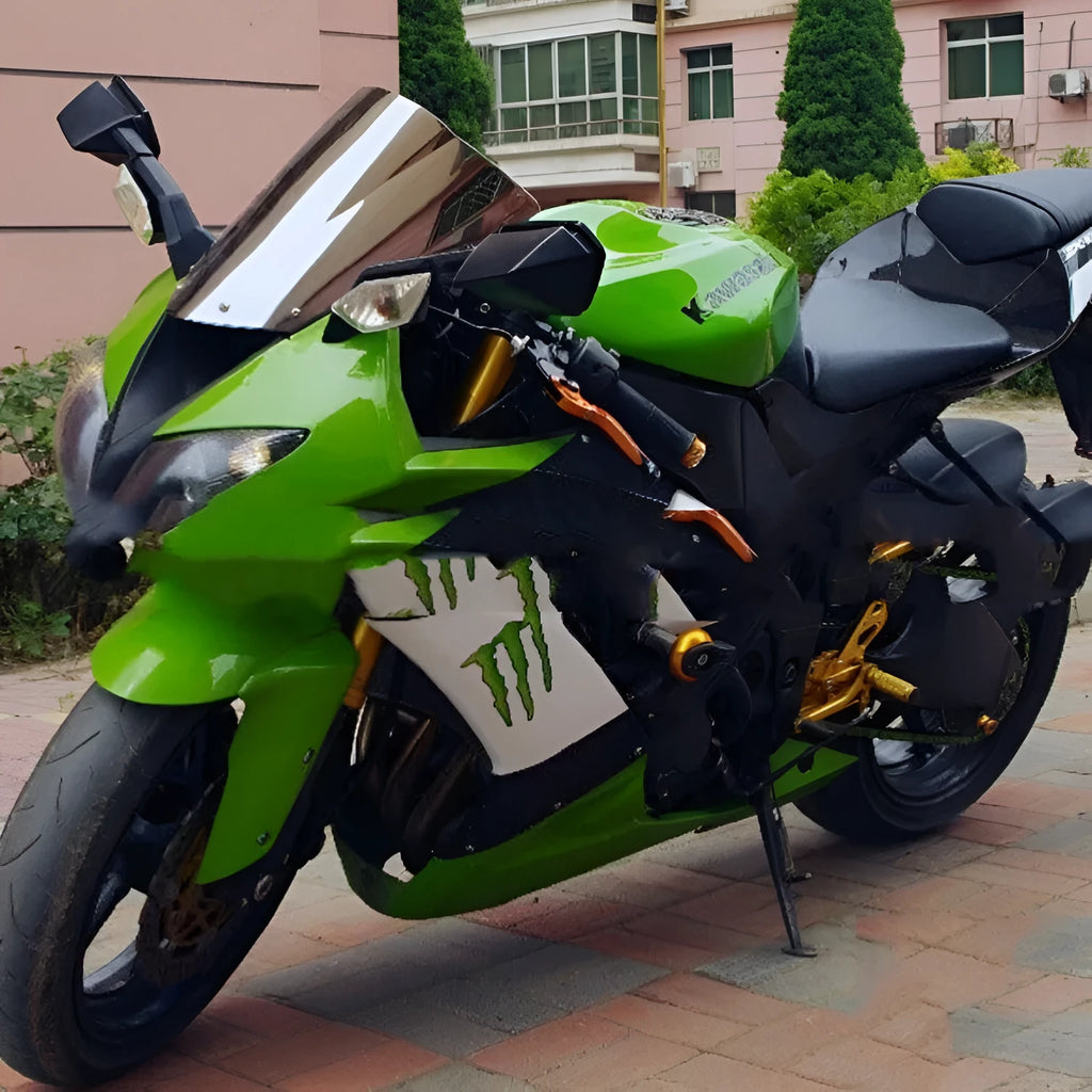 Transparent blue and brown motorcycle windscreen for Kawasaki ZX-6R and ZX-10R sportbikes.