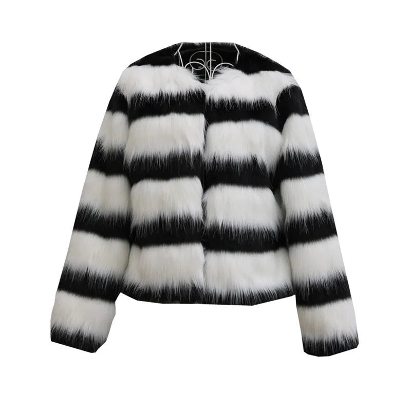 Black and white striped faux fur leather jacket for women, long sleeved