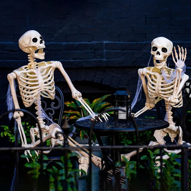 90cm tall posable plastic skeleton model for Halloween decoration displayed in a dynamic pose.