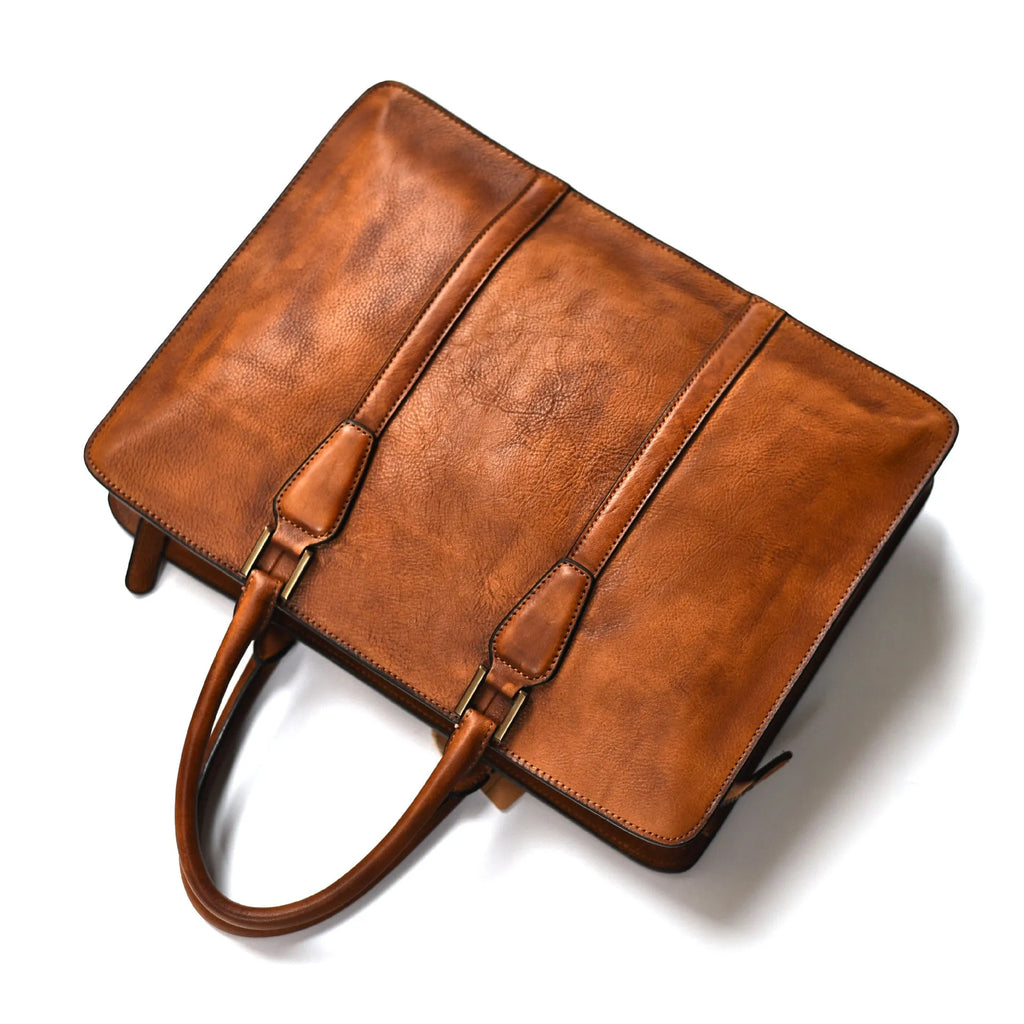 Men's 14-inch horizontal leather business handbag in black or khaki colour