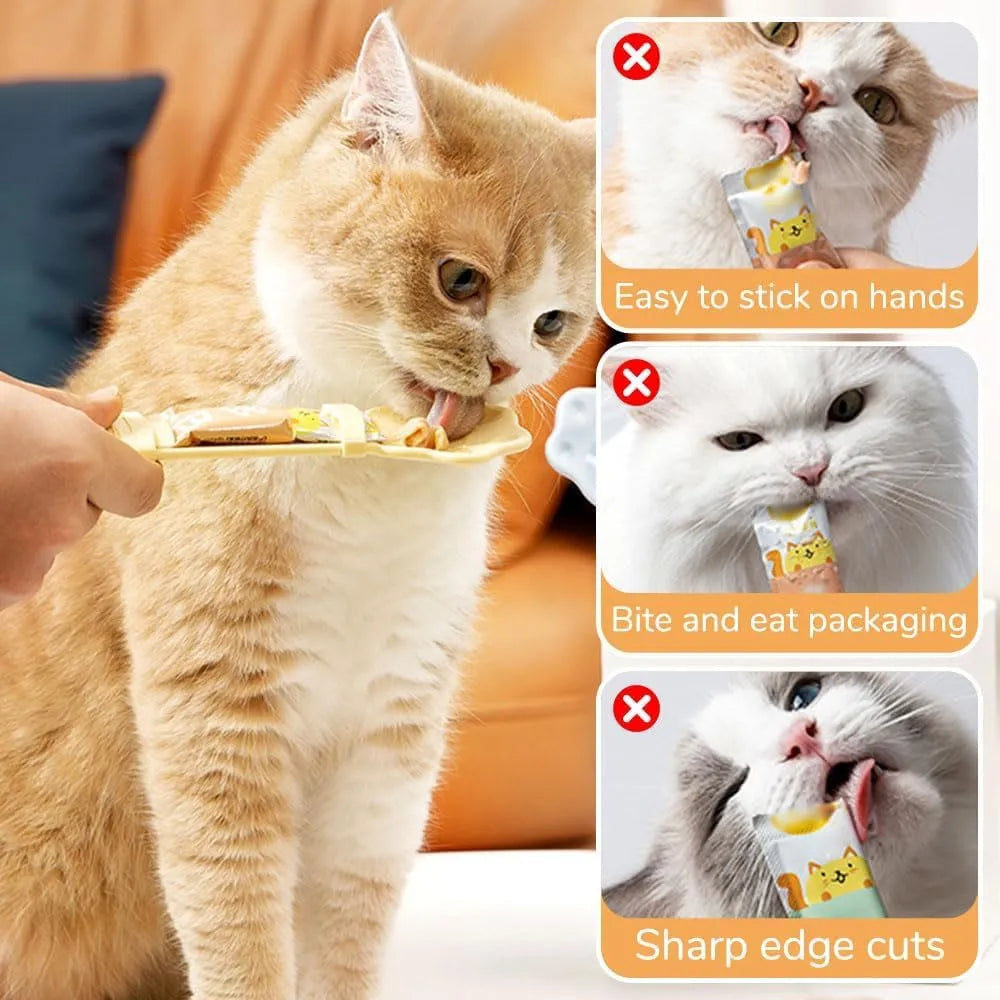 Cat food feeder squeeze tool with blue cat claw shaped spoon and sliding squeezer
