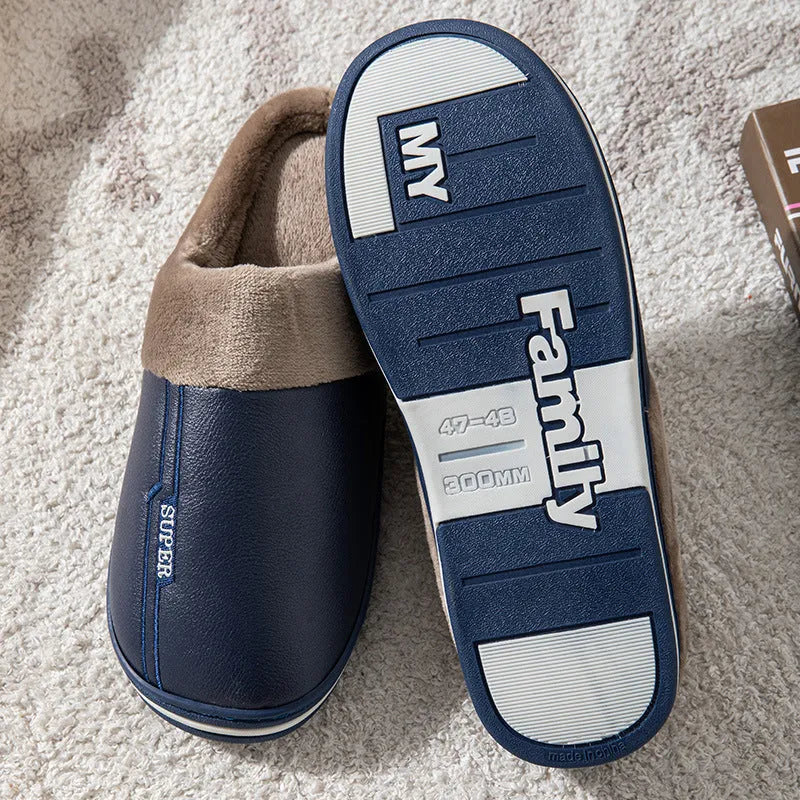 Men's winter slippers with artificial PU upper, rubber sole, 3cm heel, brown or dark blue, sizes 40-50