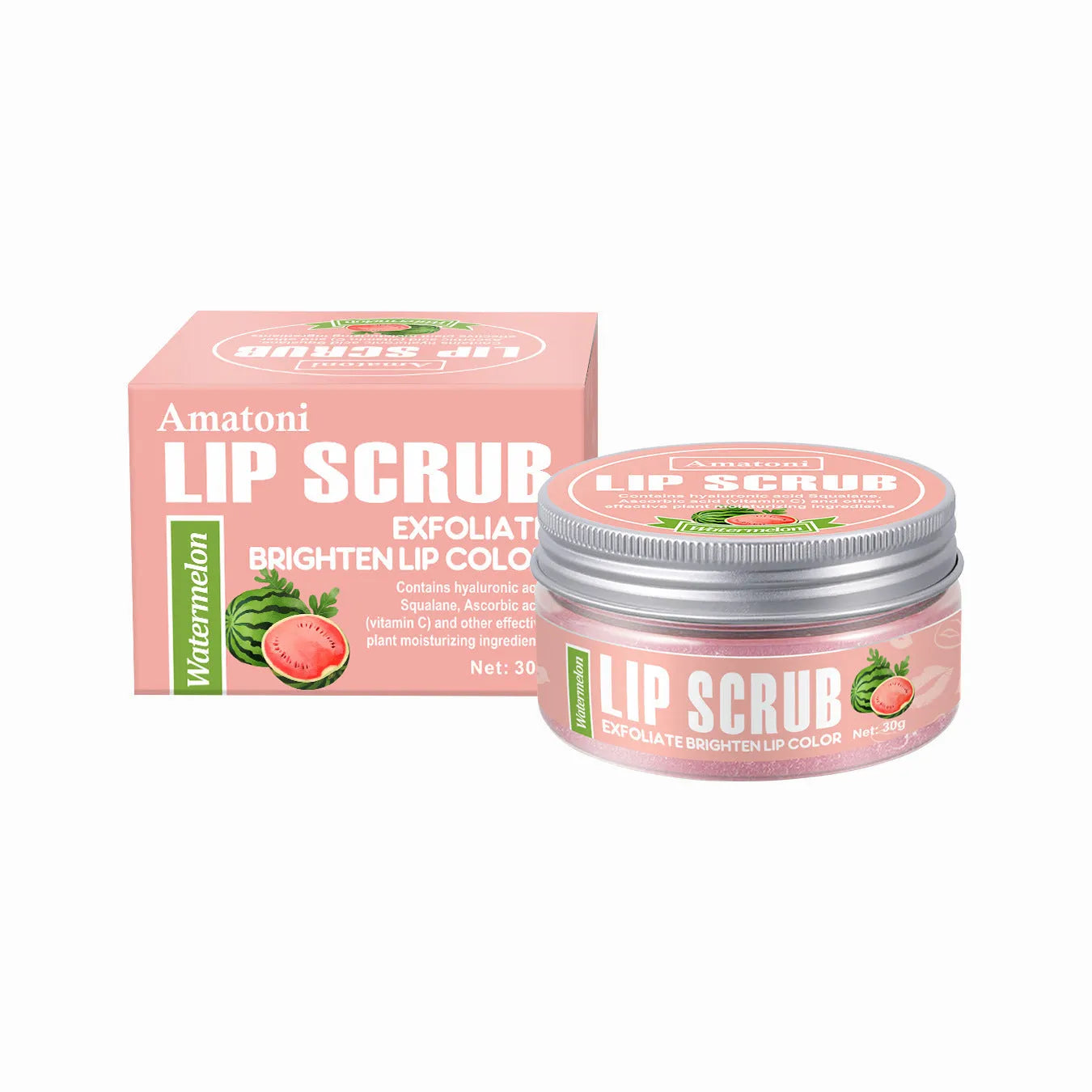 Amatoni Lip Scrub pot in coconut, raspberry, vanilla, or watermelon flavour, 30g.