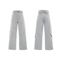 Men's heavyweight cotton straight-leg jeans with 3D cutting, decorative zipper details, and tassel accents in dark colours