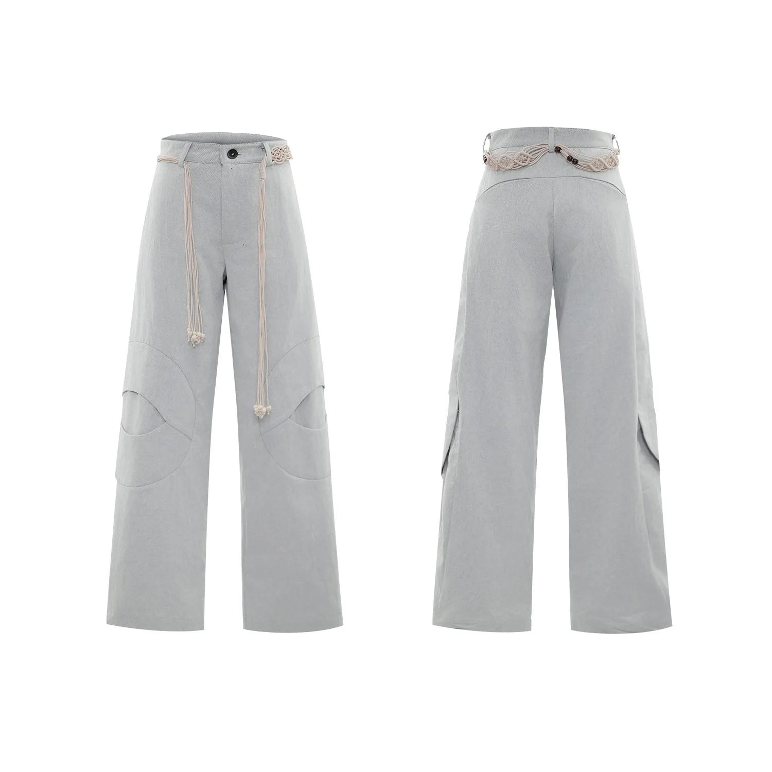Men's heavyweight cotton straight-leg jeans with 3D cutting, decorative zipper details, and tassel accents in dark colours