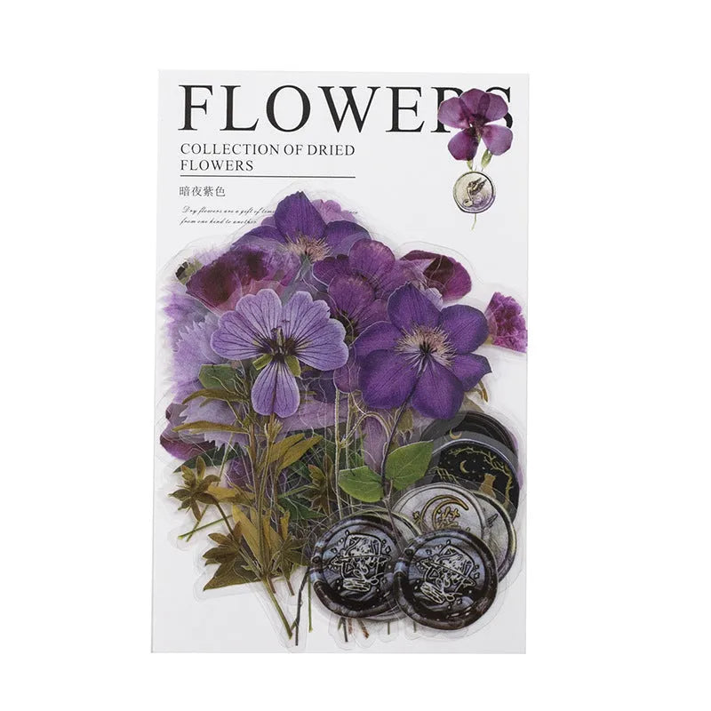 Square 70mm dried flowers journal stickers in eight artistic colour styles including dark night purple and rose nebula