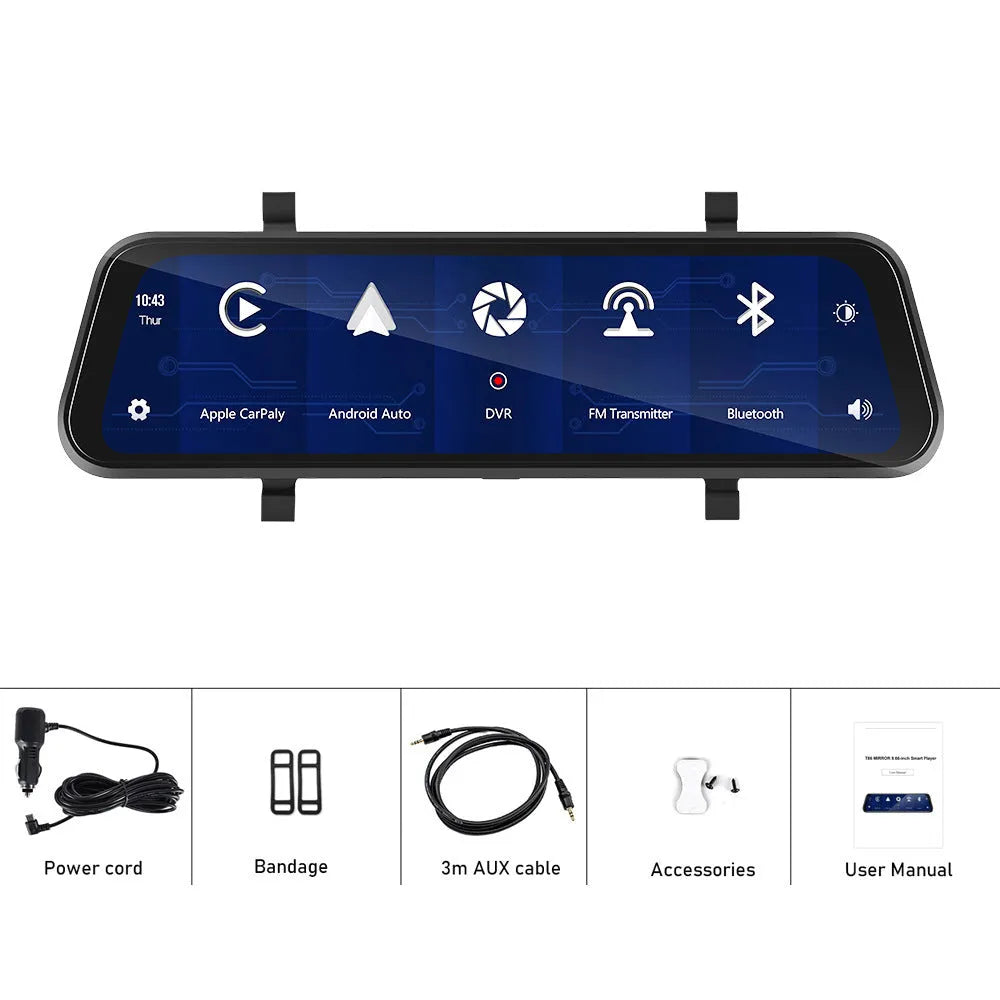 9.66-inch black wired dash cam rearview mirror recorder mounted on car windscreen with dual-camera display