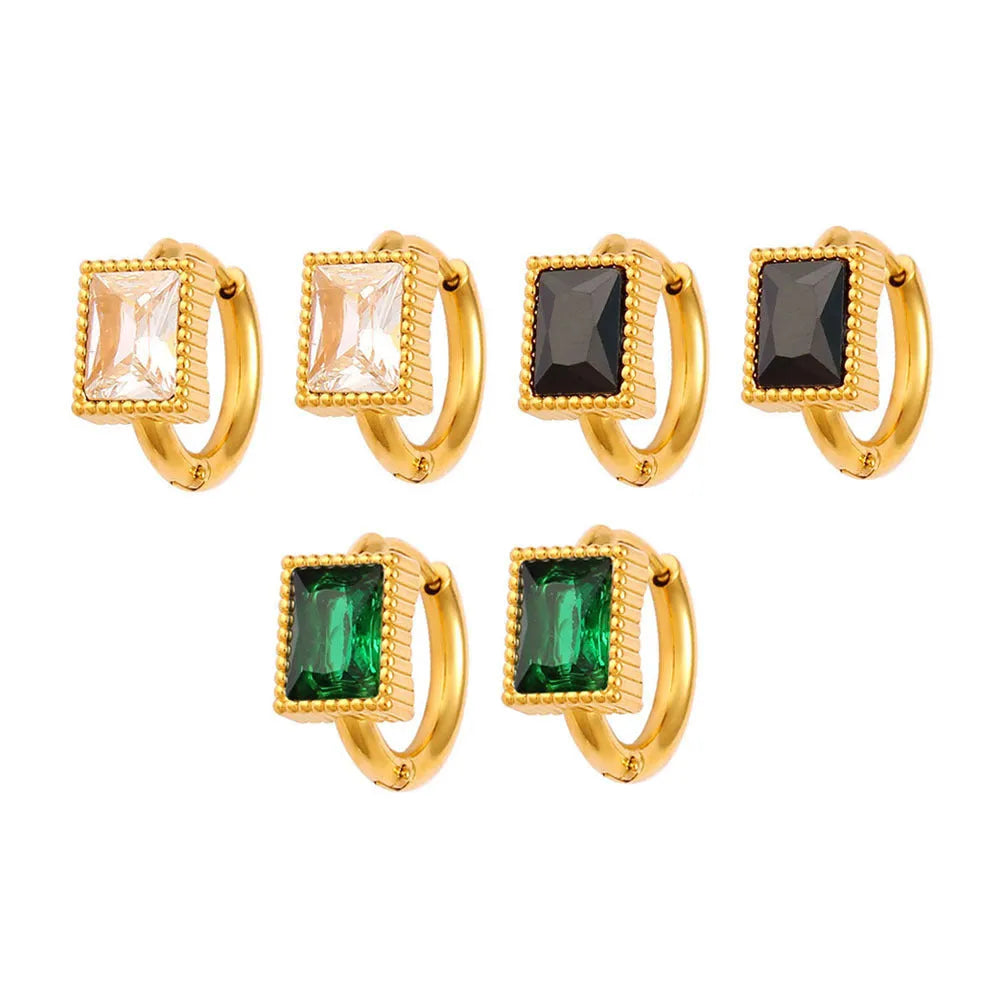 Square geometric stainless steel earrings with zircon cubic zirconia stones in white, black and green colours