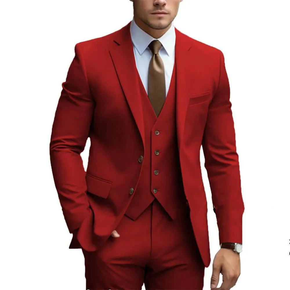 Men's three-piece slim fit wedding suit in champagne with coat, vest, and trousers