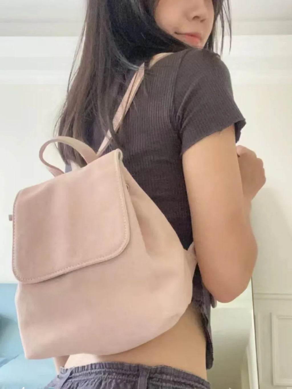 Retro suede girls backpack in brown or pink with polyester outer and suede leather lining