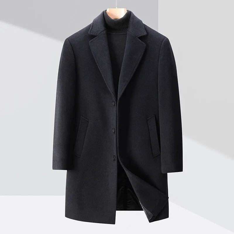 Men's solid colour woolen trench coat in Black with notch lapel, light business style, Asian size 170-195