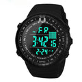 Black men's digital outdoor watch with large dial and PU strap on a wrist
