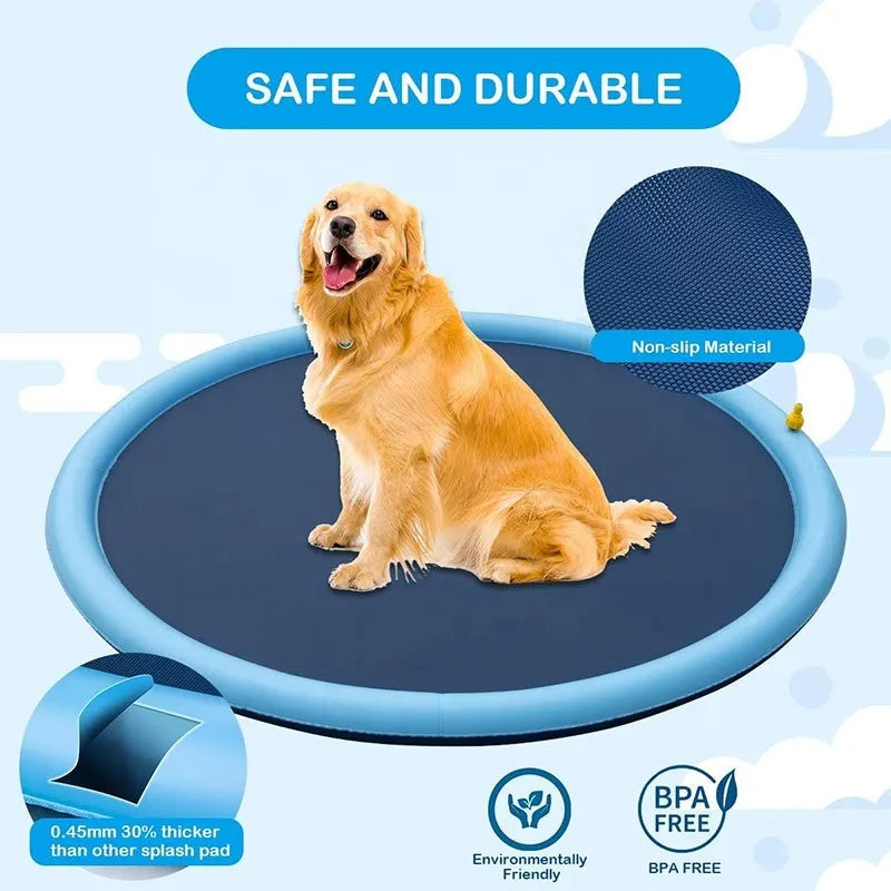 Large inflatable anti-slip dog sprinkler mat splash pad with water jets spraying, shown in a garden.