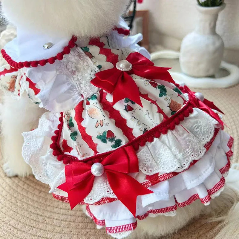 Rabbit design princess style polyester skirt for a small dog showing size guide.