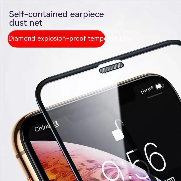 Tempered glass privacy screen protector with dustproof net for iPhone on a phone screen.
