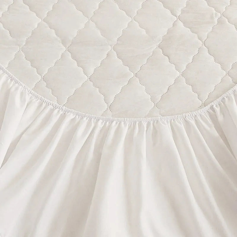 Diamond quilted bamboo fibre waterproof mattress protector fitted sheet and pillowcases set.
