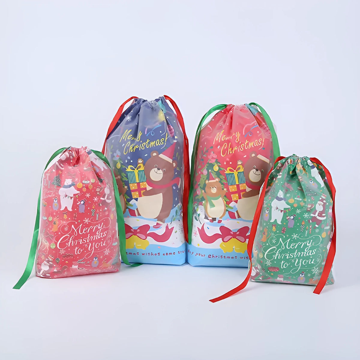 Christmas gift bag with drawstring pull string in plastic cartoon style, available in blue, bright red, green, or red