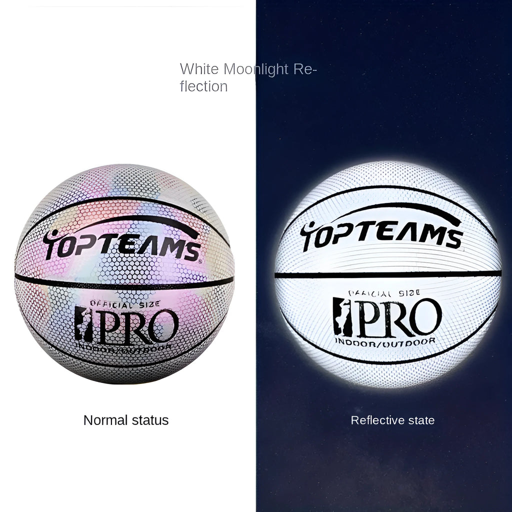 Size 7 fluorescent basketball with holographic reflective surface in chroma and white colours.