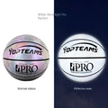 Size 7 fluorescent basketball with holographic reflective surface in chroma and white colours.
