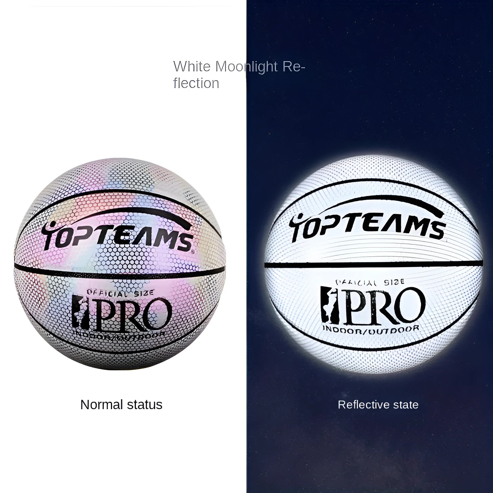 Size 7 fluorescent basketball with holographic reflective surface in chroma and white colours.