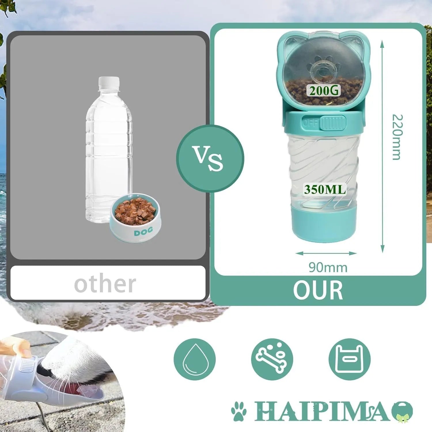Green 3-in-1 portable pet water bottle with food container and waste bag dispenser held by hand strap