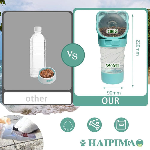 Green 3-in-1 portable pet water bottle with food container and waste bag dispenser held by hand strap