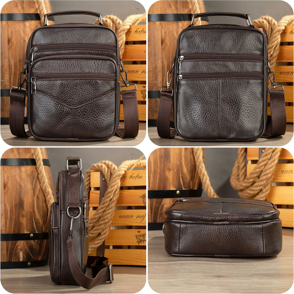 Men's top grain leather crossbody bag in brown with stitching detail and expandable side panels