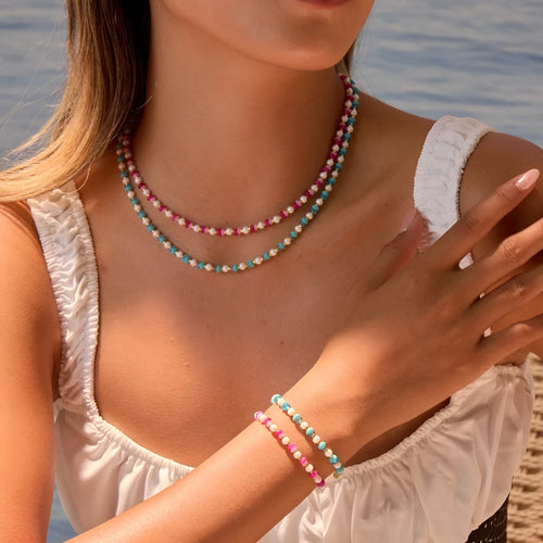 18K gold plated stainless steel geometric chain necklace for women, adjustable 41-50cm, pink or blue colour, fashion OL style, electroplated finish