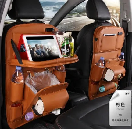 PU leather car seat back storage bag with multiple pockets and built-in trash can in various colours