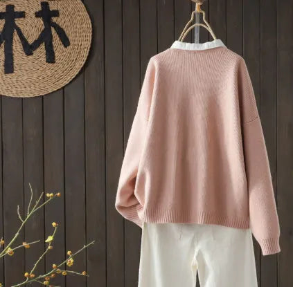 Autumn winter long-sleeved knitted cardigan with button pocket in solid colour queen style mercerised polyester