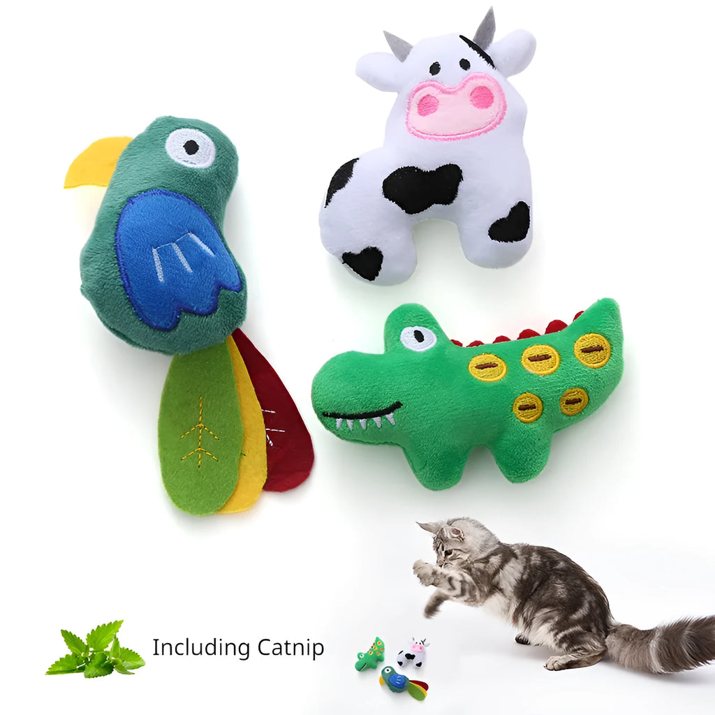 Plush cat toy shaped like a cow, parrot, or crocodile with catnip for interactive play