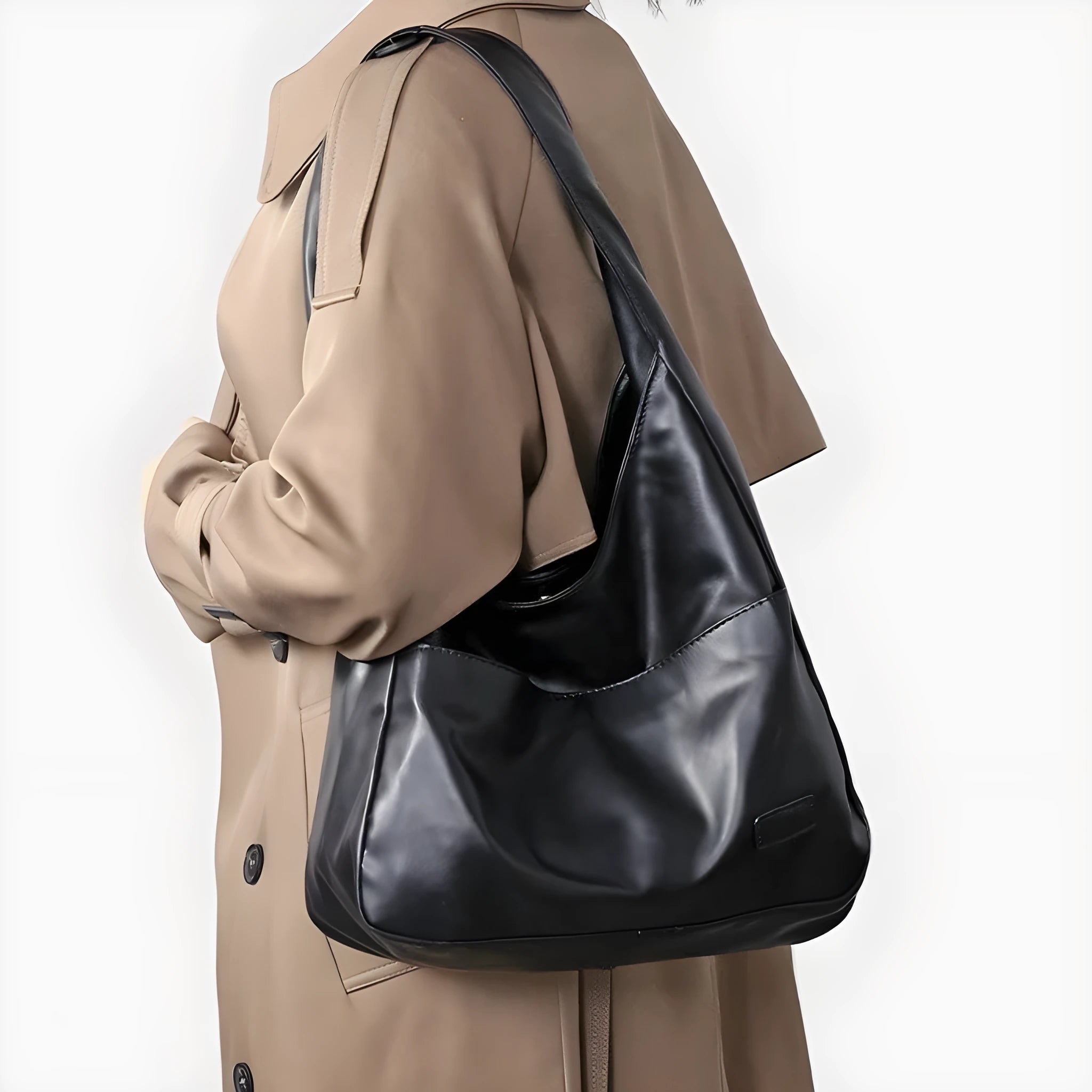 Women's soft black PU leather retro shoulder bag with open pocket and single strap