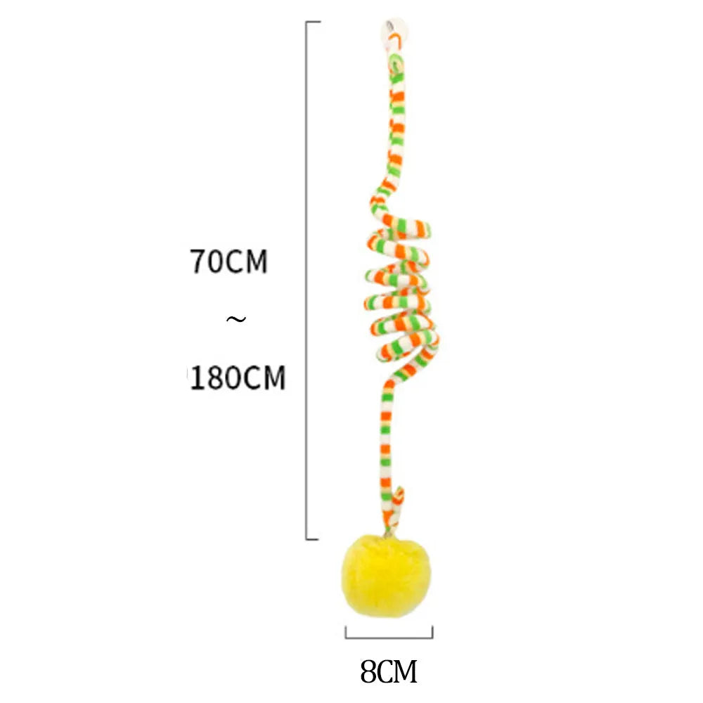 Hanging suction cup cat toy with colourful spring, inflatable ball, and bell for indoor cats
