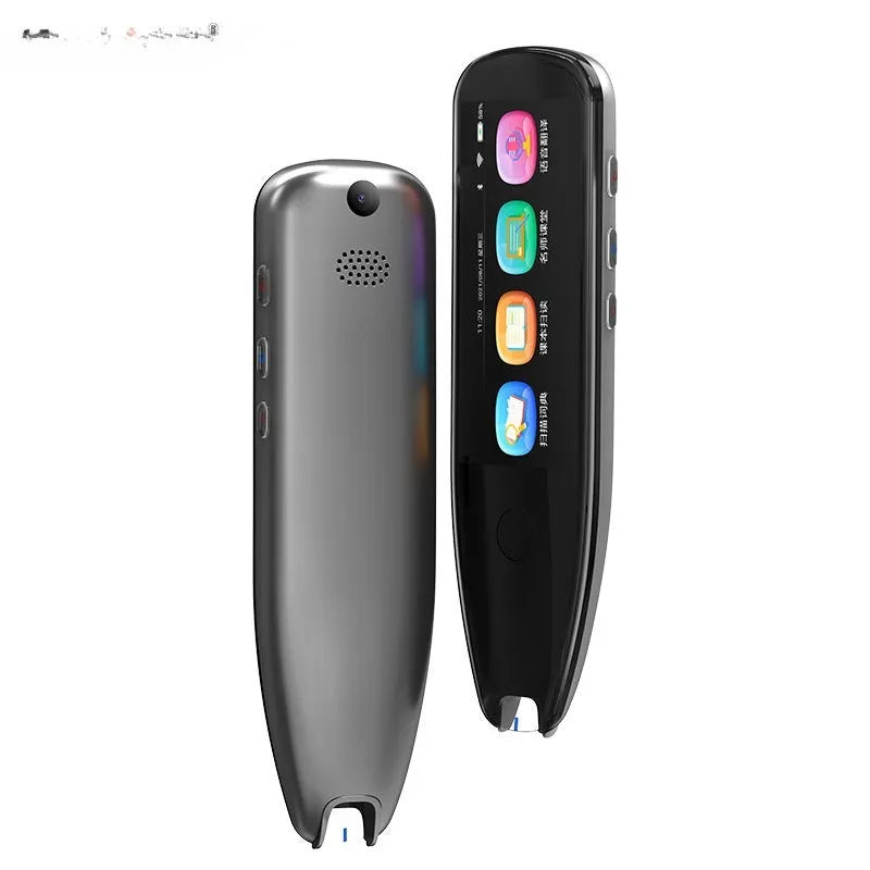 X5PRO Smart Translation Pen with 35-inch screen, ABS body, metal button, black colour, side view showing scan tip and screen