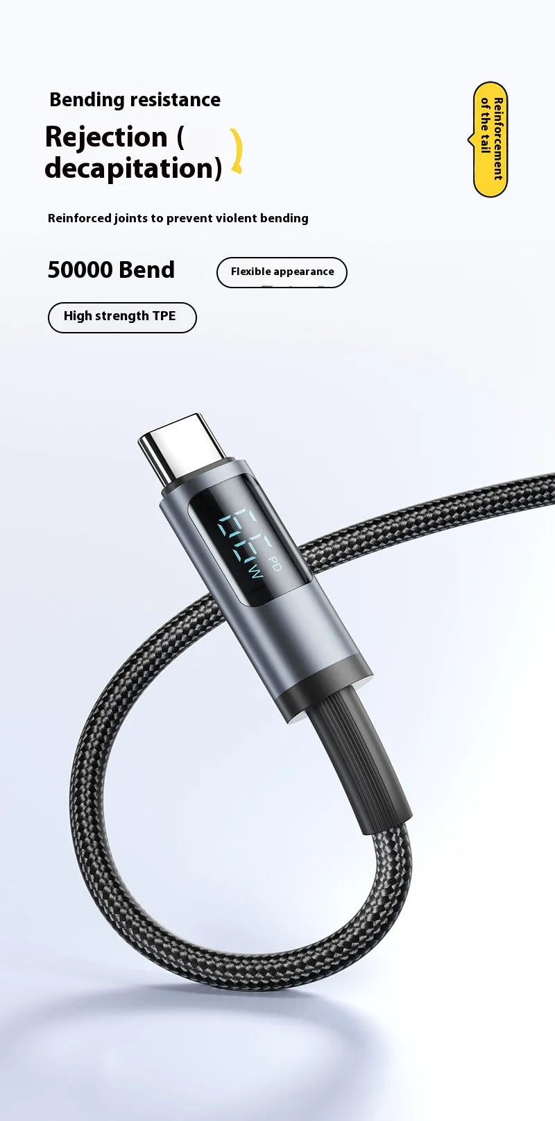 Black woven braided fast charge data cable with digital display showing wattage, 1.2m and 2m lengths available